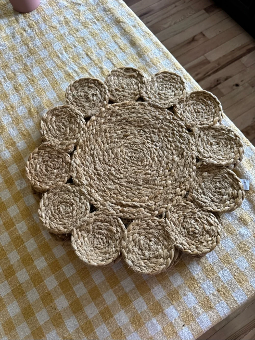 Handwoven Natural Jute Placemats - Round Floral Design, Natural Tan